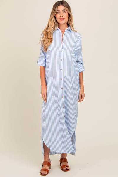 Bighit Fashion Light Blue Striped Button Down Maternity Maxi Dress
