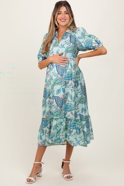 Umgee Aqua Paisley Collared Ruffle Hem Maternity Midi Dress