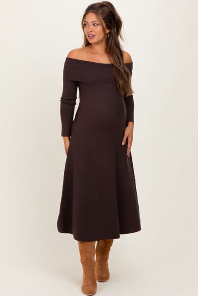 PinkBlush Brown Off Shoulder Maternity Sweater Midi Dress