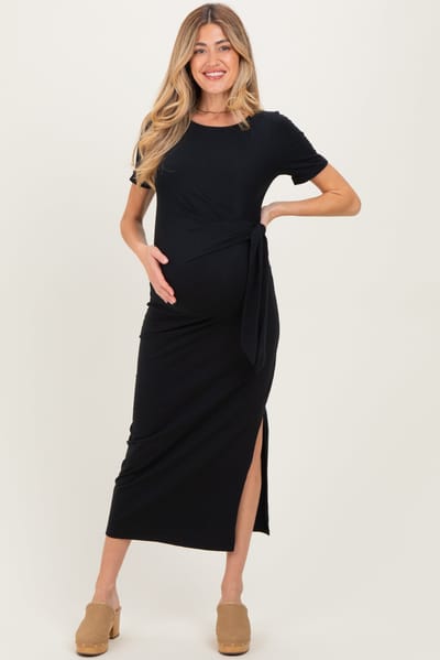 Gilli Black Short Sleeve Waist Tie Side Slit Maternity Maxi Dress