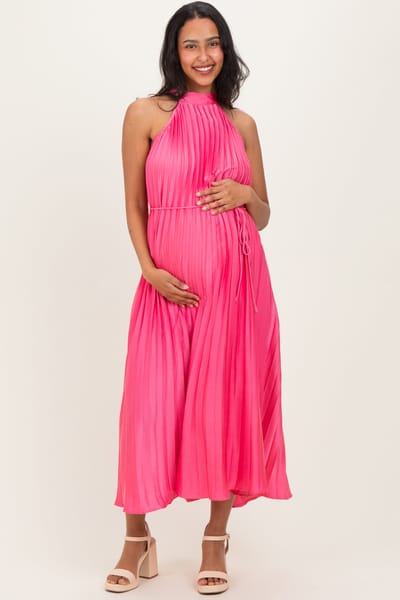 Rosevelvet Fuchsia Pleated Maternity Halter Dress