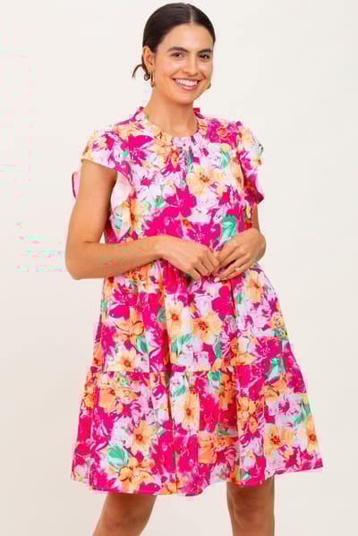 Jodifl Fuchsia Floral Ruffle Tiered Dress