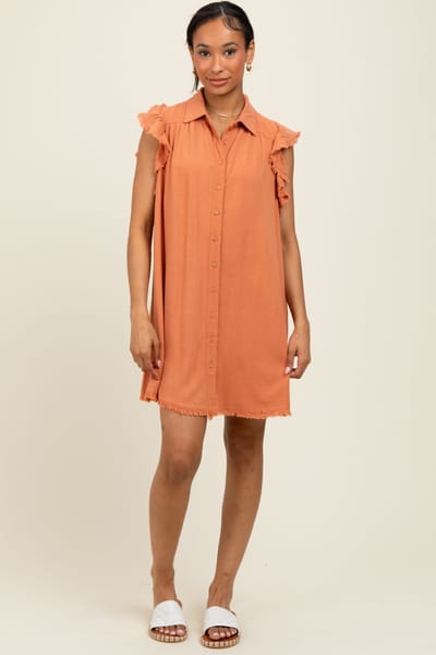 GiGiO Peach Fringe Detail Ruffle Sleeve Shirt Dress