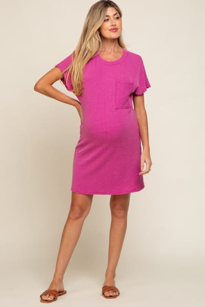 PinkBlush Magenta Ribbed Front Pocket Dolman Short Sleeve Maternity Dress