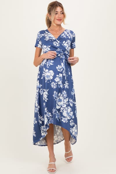 PinkBlush Denim Blue Floral Print Short Sleeve Hi-Low Maternity Wrap Dress