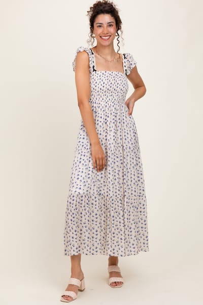 She + Sky Blue Floral Bow Trim Lace Detail Smocked Maxi Dress