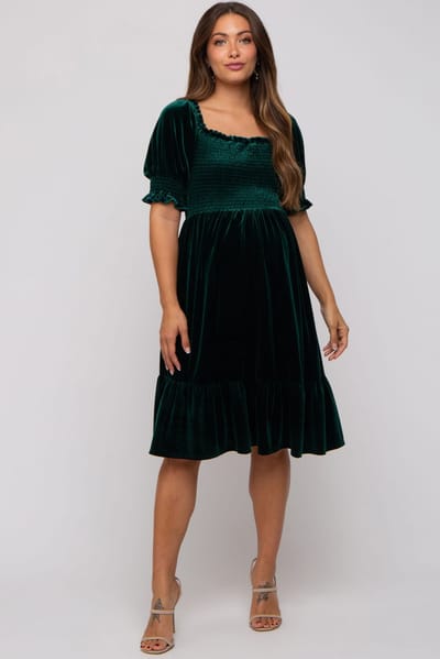 PinkBlush Forest Green Velvet Smocked Puff Sleeve Maternity Dress