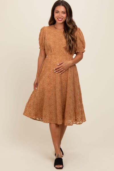 PinkBlush Camel Floral Embroidered Overlay Maternity Midi Dress