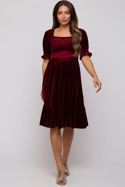 PinkBlush Burgundy Velvet Smocked Puff Sleeve Maternity Dress