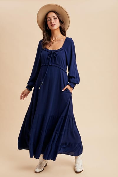 In Loom Navy Ruffled Fit And Flare Maxi Dress