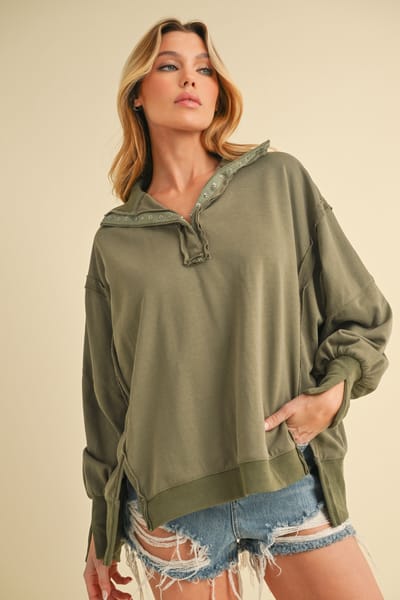 Aemi + Co Olive Snap Button Pullover Henley Sweatshirt