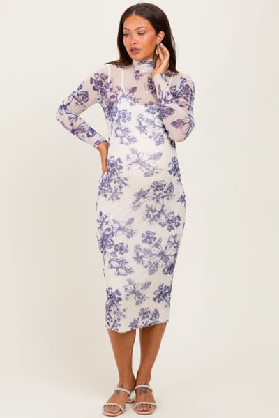 PinkBlush Ivory Floral Mesh Mock Neck Long Sleeve Maternity Midi Dress