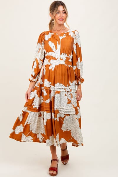 PinkBlush Camel Floral Long 3/4 Sleeve Tiered Maternity Midi Dress