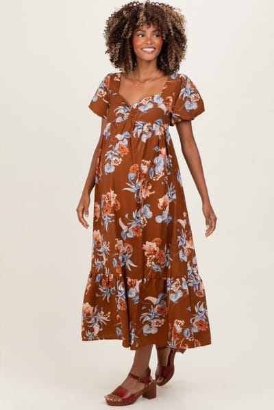 PinkBlush Brown Floral Sweetheart Puff Sleeve Maternity Midi Dress