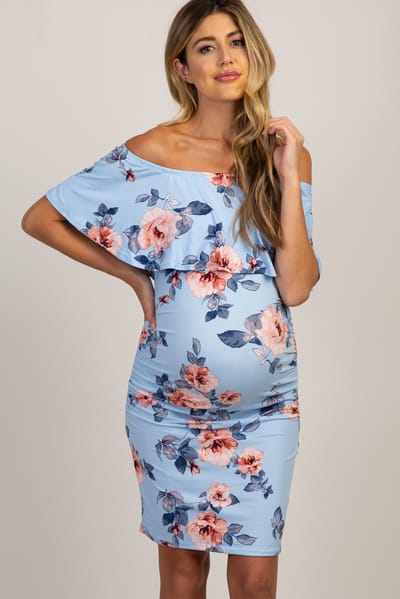 Hello Miz Light Blue Rose Print Ruffle Fitted Maternity Dress