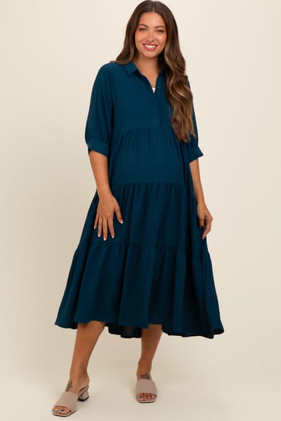 Mitto Dark Teal Collared Button Up Tiered Maternity Midi Dress