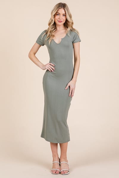 Hearts and Hips Olive Short Sleeve Side Button Ribbed Midi Dress