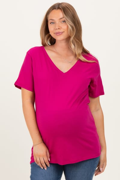 Zenana Outfitters Magenta Oversized V-Neck Short Sleeve Maternity Tee