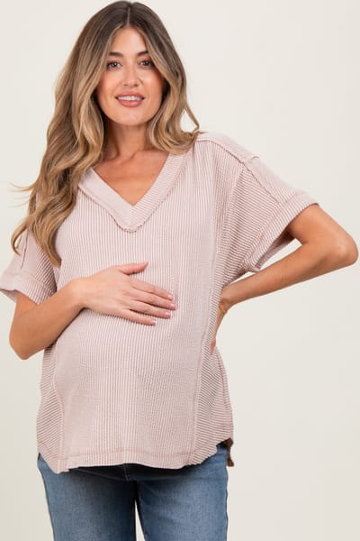 PinkBlush Beige Ribbed Raw Hem Maternity Short Sleeve Top