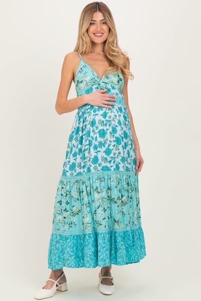 PinkBlush Aqua Multi Floral Print Twist Front Cutout Maternity Maxi Dress