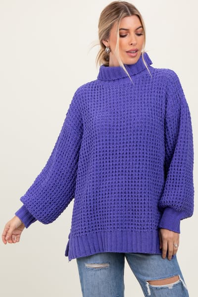 In Loom Periwinkle Chunky Waffle Knit Turtleneck Sweater