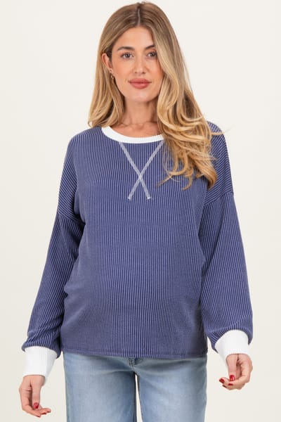 7th Ray Navy Textured Rib Relaxed Fit Maternity Pullover Top