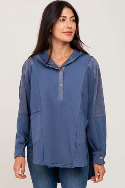 Aemi + Co Blue Soft Mixed Knit Button Front Hooded Top