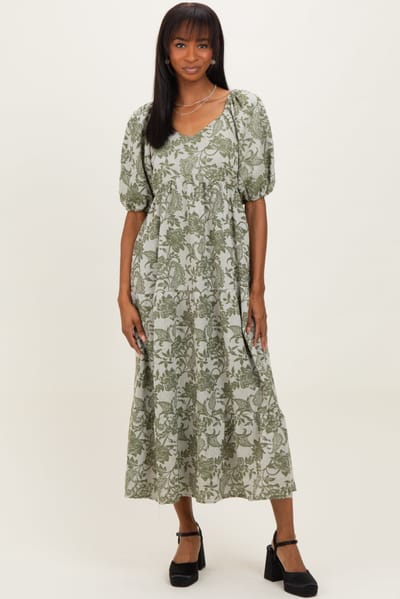 Polagram Green Floral V-Neck 3/4 Sleeve Midi Dress