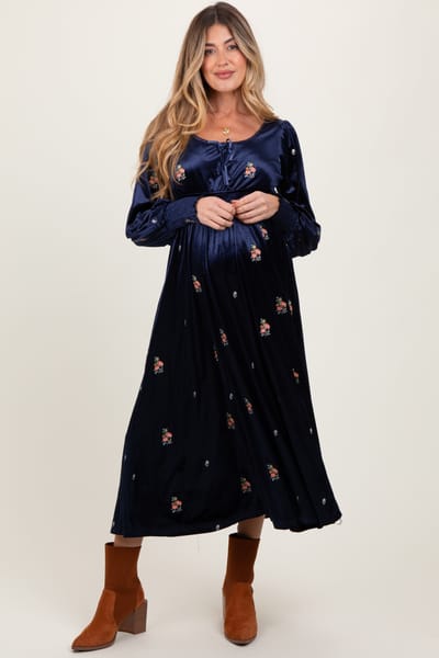 In Loom Navy Velvet Embroidered Floral Maternity Midi Dress