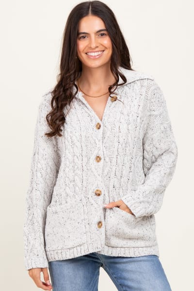 Le Lis Heather Grey Cable Knit Collared Button Up Cardigan