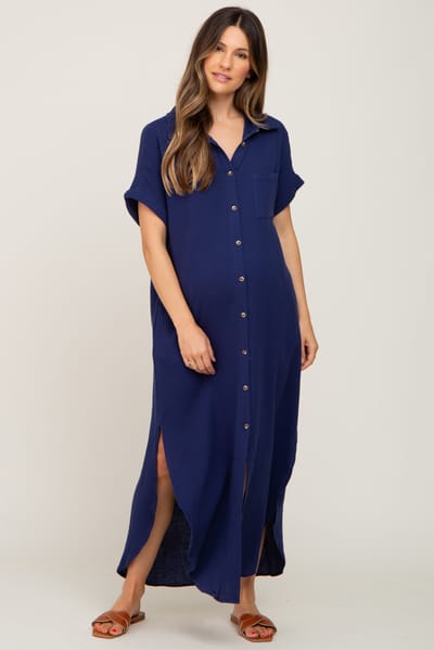 Bluivy Navy Button Down Maternity Midi Dress