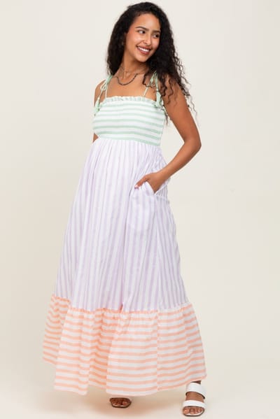 In February Lavender Multi-Color Striped Color Block Shoulder Tie Maternity Maxi Dress