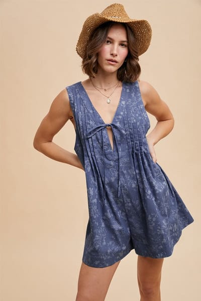 AnnieWear Navy Blue Floral Chambray Pleat Front Romper