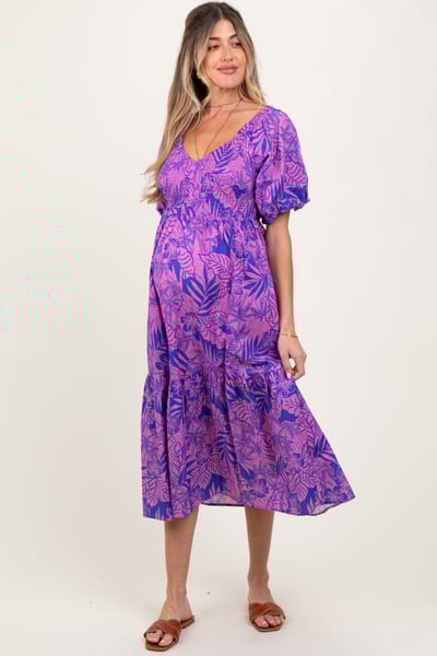 Umgee Magenta Tropical Floral Smocked Tie Back Maternity Maxi Dress