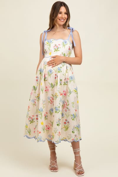 Entro Cream Floral Shoulder Tie Scallop Trim Maternity Midi Dress
