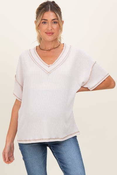 PinkBlush Cream Ribbed Short Sleeve V-Neck Reverse Stitch Maternity Top