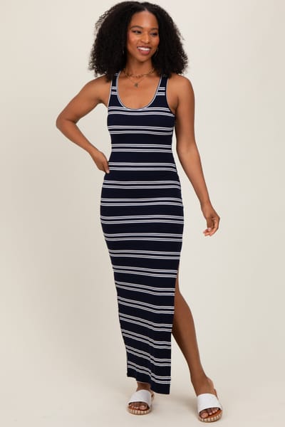 Popular 21 Navy Black Striped Side Slit Maxi Dress