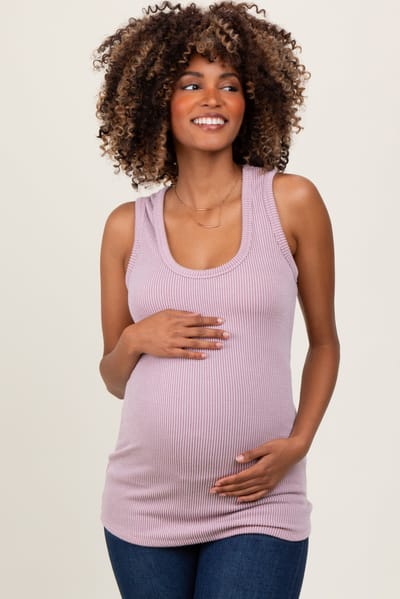 Hello Miz Mauve Ribbed Scoop Neck Maternity Racerback Tank Top