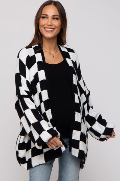 Miss Love Black Checkered Print Oversized Maternity Cardigan