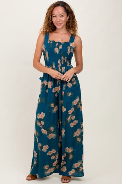 Davi & Dani Teal Floral Smocked Jumpsuit