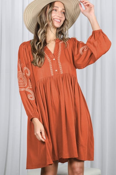 Vine & Love Rust Embroidered V-Neck Long Sleeve Dress