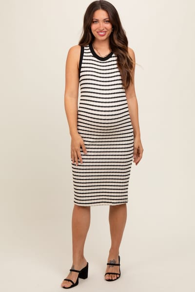 PinkBlush Cream Black Striped Sleeveless Fitted Knit Maternity Dress