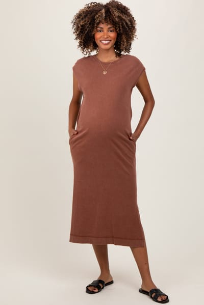 Hyfve Camel Casual Sleeveless Pocketed Maternity Midi Dress