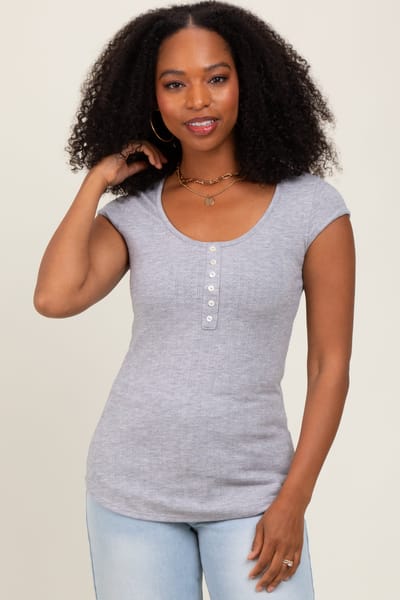 7th Ray Heather Grey Jacquard Button Front Short Sleeve Top