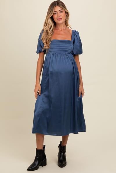PinkBlush Blue Satin Pleated Bodice Puff Sleeve Maternity Midi Dress