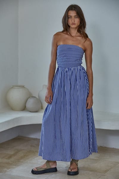 By Together Denim Blue Striped Strapless Maxi Dress