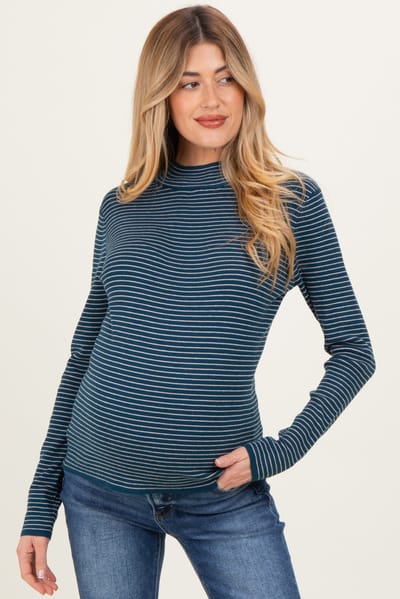 Staccato Teal Pinstriped Mock Neck Maternity Knit Top