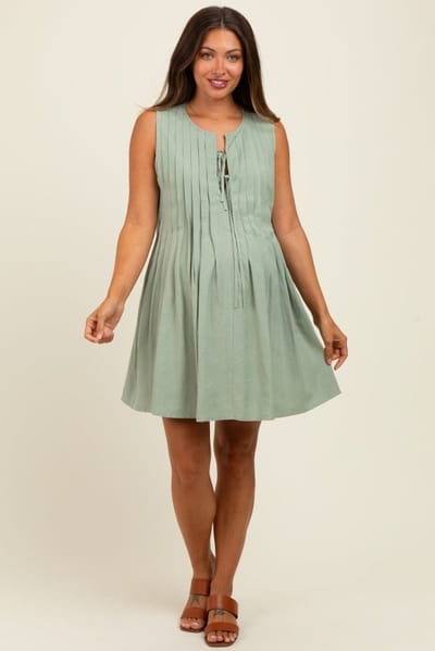PinkBlush Light Olive Pleated Front Tie Linen Blend Maternity Dress
