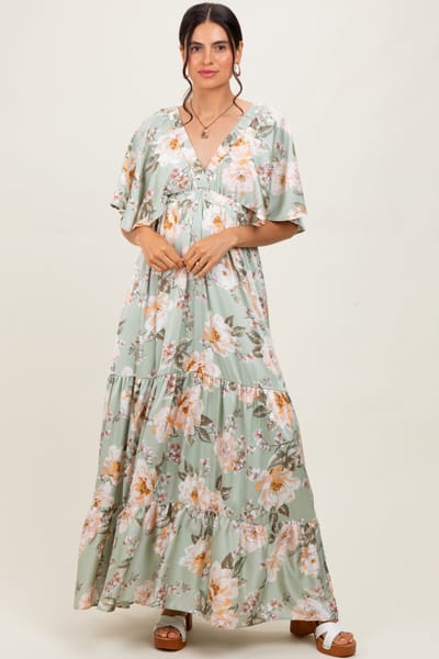 Rhea + Thea Sage Floral Print Elbow Sleeve V-Neck Tiered Maxi Dress