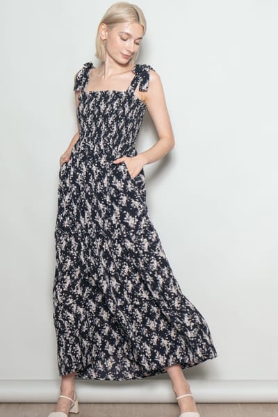 Elloh Black Floral Shoulder Tie Maxi Dress